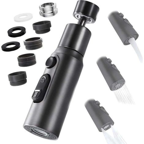 Aérateur de Robinet, 360° Pivotant Embout Robinet Cuisine avec 3 Modes Douchette Mousseur Robinet Economie Eau, Adaptateur Economiseur D'eau Pour Robinet Salle De Bain lavabo (Noir) (1/4)