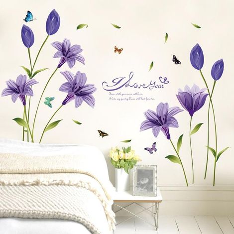 Stickers muraux en forme de lys violet pour salon et chambre (1/4)