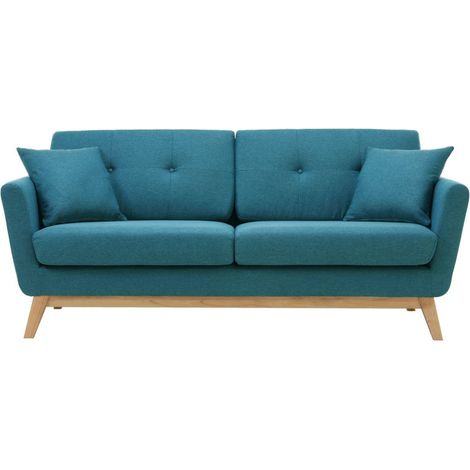 Canapé scandinave 3 places et 2 coussins en tissu bleu canard HOGA (1/5)