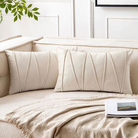 Lot de 2 Housse de Coussin, 30x50cm Decoratifs pour Canapes, en Velours Moelleux, avec Rayures Décoratives,Beige (1/4)