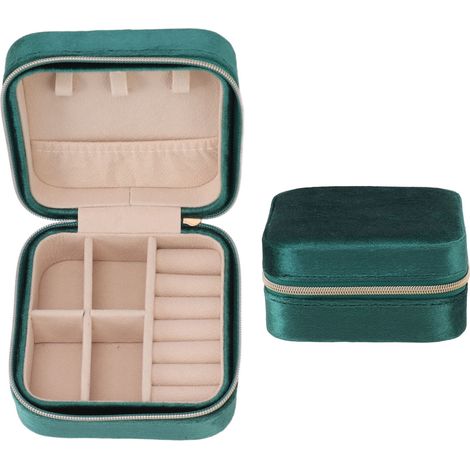 Boîte à bijoux en velours, compacte et zippée, idéale pour les voyages et le quotidien. Vert noir.
