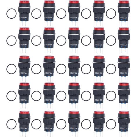 25 interrupteurs à bouton-poussoir circulaires à 8 broches, à action instantanée, lumineux et autobloquants, 24 V, 16 mm, rouges (1/5)