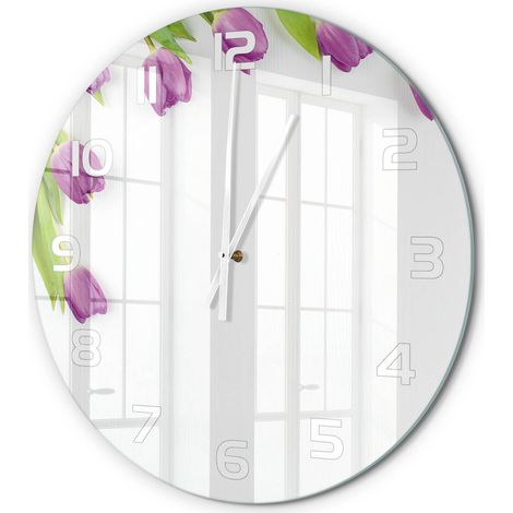 Horloge Murale Ronde Verre Trempé Silencieuse Décorative Salon Chambre Tulipes violettes fi 60 cm (1/5)