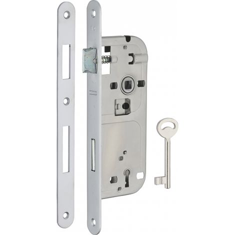 Serratura Patent da incasso 90mm x 40mm, reversibile, piastra tonda, richiamo 1/2 giro, 1 chiave, cromo opaco - THIRARD
