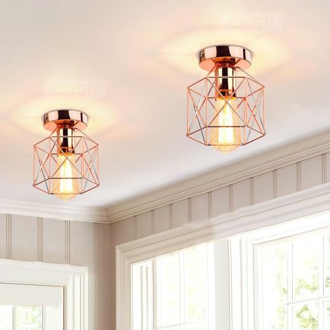 Lot de 2 Plafonnier Industrielle en Métal Cage Carré, 14CM Lustre Abat-jour Fer Luminaire E27  Lampe de Plafond pour Salon Chambre Bar, Or Rose (Hexagone) [Classe énergétique A]