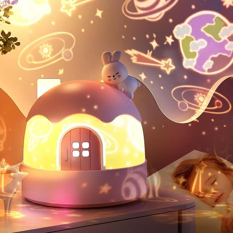 Lámpara de noche infantil, 84 modos de iluminación, 14 películas, proyector giratorio de 360 grados, con música, temporizador con control remoto, recargable (diseño de conejo). (1/5)