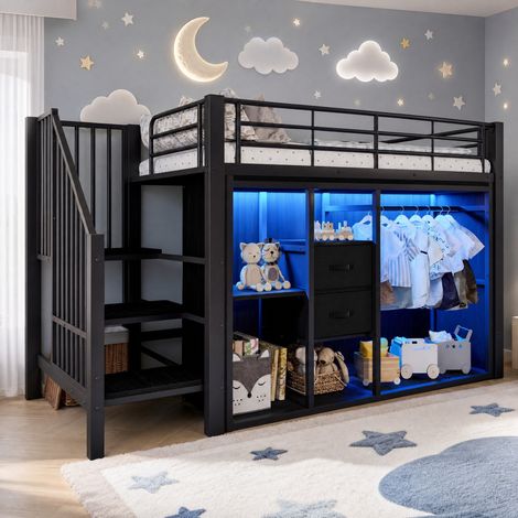 Cama alta 90 x 200 cm con 2 cajones, armario abierto, LED multicolor, negro HAVRYA (1/5)
