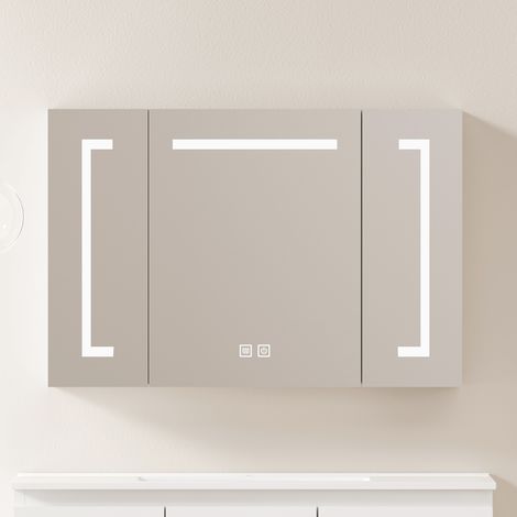 Armario espejo de pared MDF y vidrio blanco con LED, 90 cm, con almacenamiento (1/5)