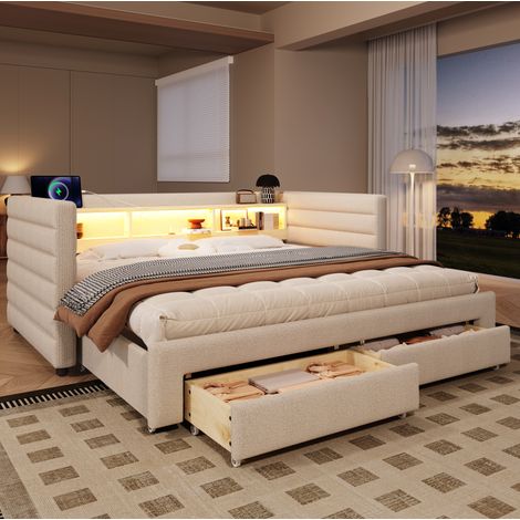 DESVIAE Lit de jour canapé lit 90 x 190 cm extensible avec LED ports USB et USB C 2 tiroirs compartiments de rangement velours beige