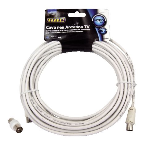 Cavo antenna tv spina/presa bianco 10m + adattatore spina/spina