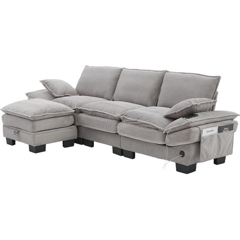 CHICFURN Divano modulare 3 posti 260x132x84 cm in tessuto grigio chiaro con pouf, USB-C (1/5)