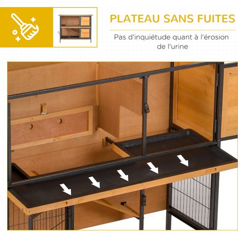 Clapier lapin extérieur 2 étages toit bitumé 4 portes verrouillables 122 x 50 x 101 cm bois naturel noir (1/5)
