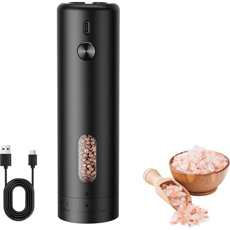 Moulin à Poivre Électrique Rechargeable, Moulin à Épices avec Lumière LED, Récipient de 110 ml, Convient pour BBQ/Dîner/Cadeau,Noir(1PCS) (1/5)