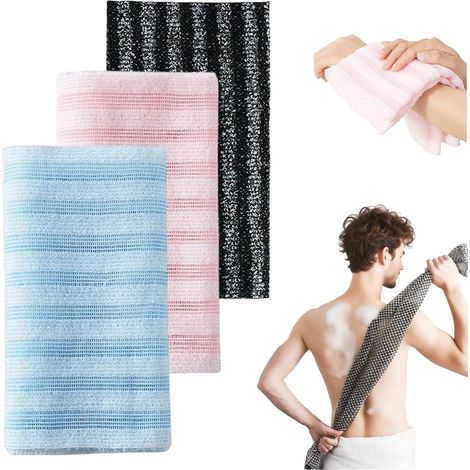 Lot de 3 serviettes exfoliantes - Serviettes de bain - Serviette de bain exfoliante - Serviette de bain longue - 100 x 25 cm - Bleu/Rose/Noir (1/5)