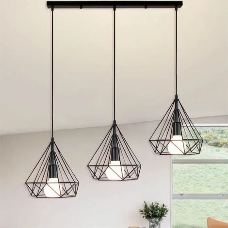 U-Do 3 Têtes Lustre Longue pôle Suspension Luminaire Réglable Lampe Cage en Métal Noir pour Chambre Bureau (1/4)