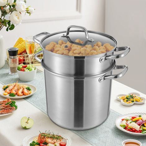 Casserole 8L - Acier inoxydable 304 - Panier friture + Cuiseur vapeur - Induction gaz - Pour famille 5-8 pers - Argent (1/5)