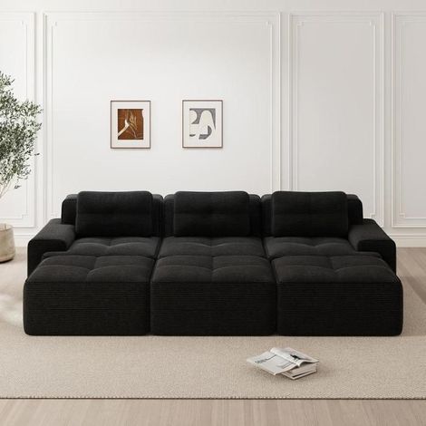 Canapé d'angle modulaire - KOMHTOM - 293x177x69 cm - Velours côtelé - Convertible en lit - 3 poufs (1/5)