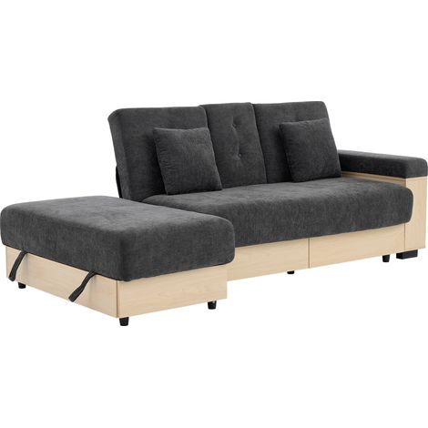 Canapé d'angle en tissu Chenille gris avec rangement, dossier 3 positions réglable, fauteuil-coffre et porte-boissons, 217 cm (1/5)