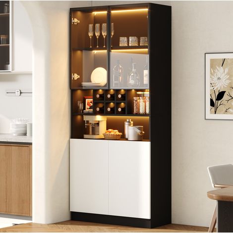 Vetrina LED in vetro temperato 80 × 30 × 180 cm, mobile espositore bianco e nero con vano aperto, portabottiglie e 2 ante per soggiorno e sala da pranzo  FLORAGRACE (1/5)