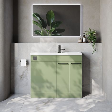 Napoli 250 Olive Green 1000mm 2 Door Vanity Unit Toilet Suite with Square Silvo Basin - 1000mm - Gunmetal Grey 160mm HandleWithout Kingston Toilet Pan