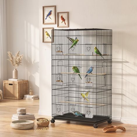 Grande Cage à Oiseaux sur Roulettes en Acier, Plateau Amovible, Portes, Perchoirs, Mangeoires, 77x46,5x141cm, Noir (1/5)