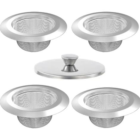4er-Pack rostfreie Edelstahl-Spülbeckensiebe mit 1 Abdeckung, breiter Rand außen 11,3 cm, Innendurchmesser 7,6 cm