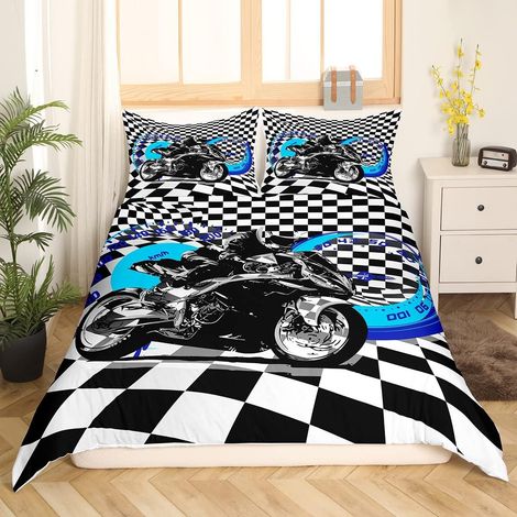 Moto Cross Parure de Lit 140x200cm Bike Checked Pattern Housse de Couette pour Enfants Garçons Extreme Sports Sets de Housse de Couette Motocross Rider Blue avec 1 taie d'oreiller - 140 x 200 cm (1/5)