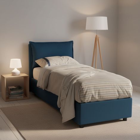 Dmora - Cama individual Dasenci, Cama contenedor con revestimiento de tela, 100% Made in Italy, Apertura frontal, adecuado para colchón Cm 90x200, Azul (1/5)