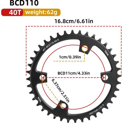 40T Plateau universel 4 trous à griffes pour vélo, mono-vitesse, entraxe 110 BCD, dents positives et négatives, 36T, 38T, 40T, 4250T, 58T (1/5)