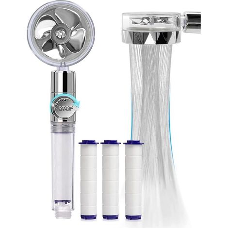 Hand shower, Anti-limescale Water Saving Shower Head, High Pressure Swivel Shower Head with 360° Rotating Propeller, Three-Stage Filter System with 3 Replaceable PP Cotton Pads (Silver)
