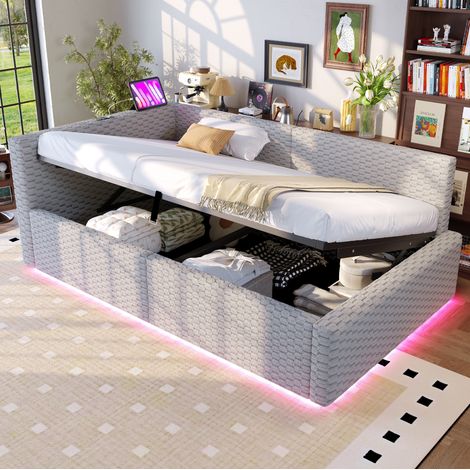 MEUBLIV Lit rembourré 90 x 200 cm Canapé lit avec LED et rangement hydraulique,velours gris, ports USB et Type C (1/5)