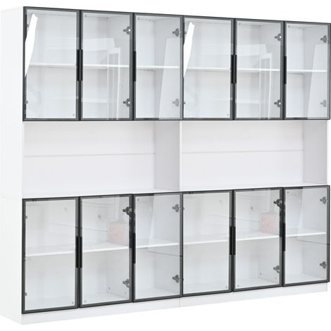 Vitrine blanche en MDF avec 12 portes vitrées et éclairage LED contrôlable par application, 240 x 34 x 200 cm (1/5)