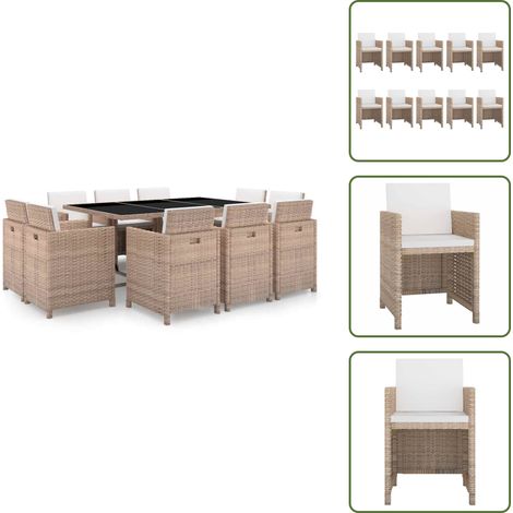 11-tlg. Garten-Essgruppe mit Auflagen Poly Rattan Beige - Esszimmergarnitur - Gartenmöbelset - Rattan Möbel - Outdoor Küche - Terrassenmöbeln (1/5)