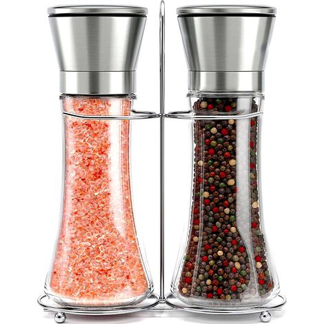 Ensemble de Moulins à Sel et à Poivre, Paire de Moulins à Sel et à Poivre de Précision en Acier Inoxydable Verre Trempé avec Broyeur en Céramique, Set de Moulin à Épices( 2 Pcs+ Support Assorti) (1/5)
