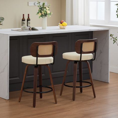 DESMIU Tabouret de Bar Pivotant avec Dossier en Cannage et Design Ergonomique, en Similicuir Beige (1/5)