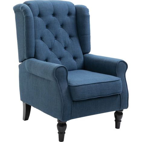 Poltrona ad orecchioni imbottita blu con schienale alto, braccioli arrotondati e gambe in legno (1/5)