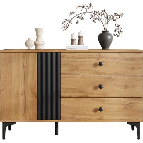 Buffet Bas de Rangement Salon Salle à Manger Effet Bois et Métal Noir et Naturel 120x35x76 cm - PANGIVO (1/5)