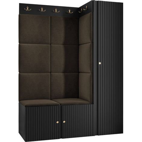 Mobilier1 – Meuble d'entrée Hartford 385 – Noir – Dimensions 186x124x46cm – MDF stratifié – Panneaux muraux souples – Installation facile