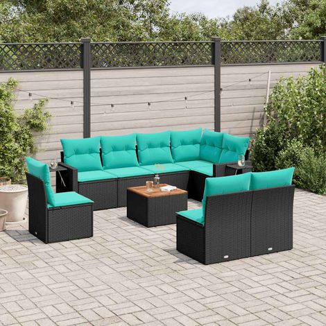 9-teiliges Gartensofa-Set mit Kissen, schwarzes Polyrattan (1/5)