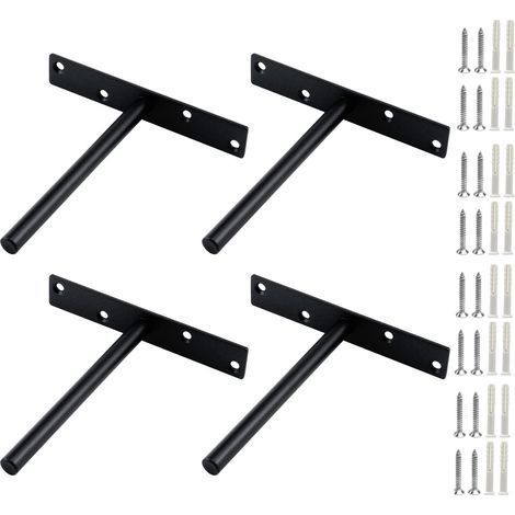 Lot de 4 supports d'étagère flottants noirs, fixation invisible, en acier, vis et chevilles incluses,longueur de la tige:15 cm (1/5)