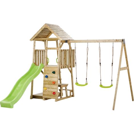 Aire de jeux portique en bois – Toboggan 219,6 cm – Mur d'escalade avec 5 pierres – 2 balançoires – Bac à sable – Table pique-nique – Cabane – Kangui