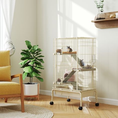 Cage pour petits animaux,cage pour animaux de compagnie avec 4 niveaux,gamelle alimentaire,bouteille d’eau,88 x 48 x 150,5 cm,beige