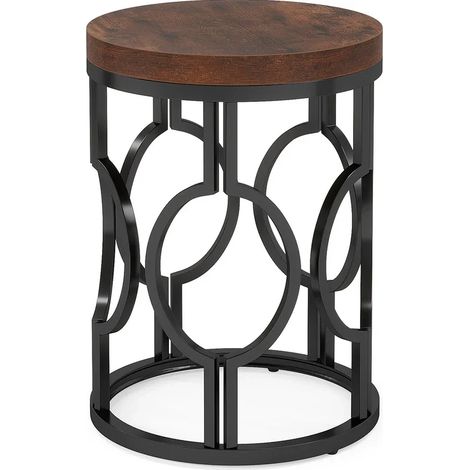 Table d'appoint ronde industrielle Ø45 x 50 cm, plateau MDF effet bois rustique, structure métal noir, meuble d’appoint pour salon et chambre - CHICFURN (1/5)