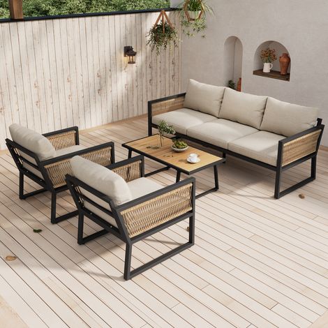 Conjunto de Jardín de 5 Plazas en Poliéster con Sofá, Mesa, 2 Sillones y Cojines, Beige