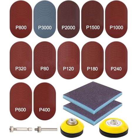 Disques abrasifs 75mm, lot de 128, auto-agrippants, grains 80-3000, avec mandrin 1/4" et patin mousse souple. (1/5)