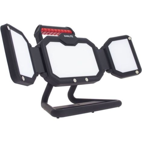 LED-Projektor IP54 mit 3400 lm und 3 schwenkbaren Köpfen, 3 Betriebsmodi (Dauerlicht/Blitz/Stroboskop), bis zu 10 h Akkulaufzeit, kaltes Weißlicht, USB-C-Aufladung – ideal für Außenbereich, Baustellen
