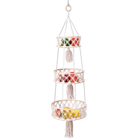 Panier Fruit Suspendu - 1 pièce, Panier Fruit Suspendu 3 Niveaux Corde Coton Tressée + Crochet - Mural, Pour Cuisine/Salon/Salle de Bain (1/4)