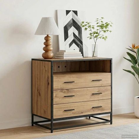 Commode 3 tiroirs en chêne massif fait main, meuble de rangement robuste 70 x 41 x 70 cm (1/5)