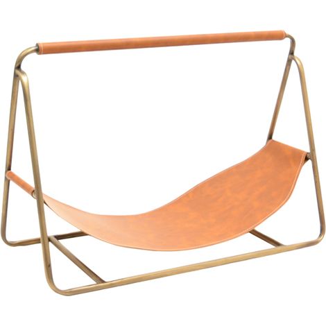 Contemporary Hanging Leather Kindling Holder - Iron - L26.5 x W60 x H40 cm - Antique Brass