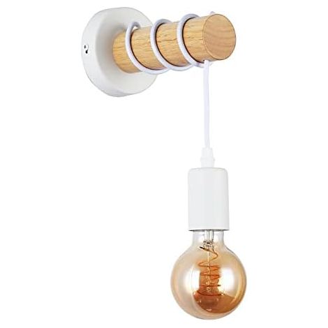 Applique murale ronde en bois naturel à LED, douille E27, câble de suspension blanc, style nordique rétro, convient aux couloirs, chambres et salons [Classe énergétique A]